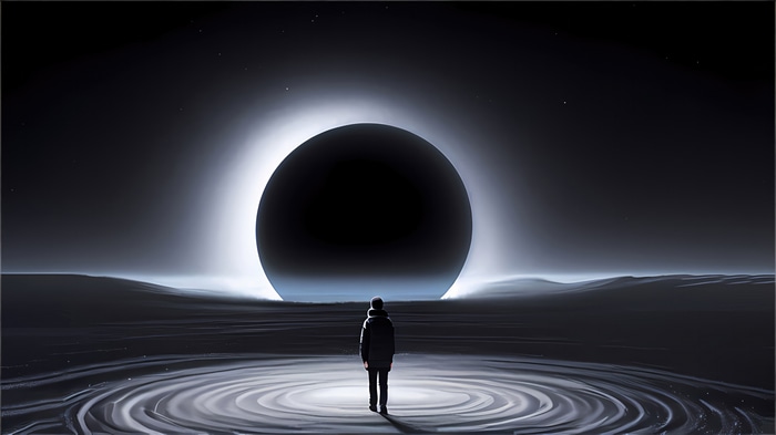 Person standing before a large black sphere during an eclipse