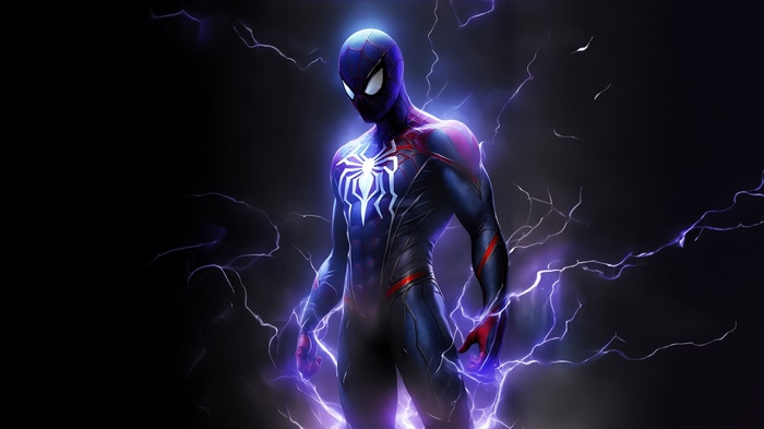 Spider-Man in a dark suit with lightning effects