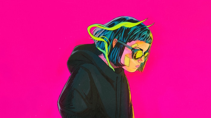 Artwork of a girl with blue hair and yellow glasses