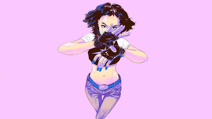Artwork of a woman in a crop top and shorts