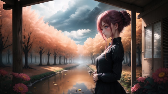 Anime girl with pink hair by a canal