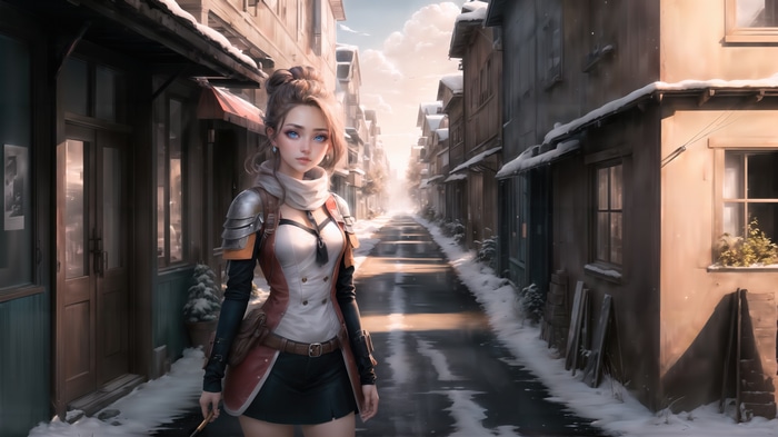 Anime girl in armor standing on a snowy street