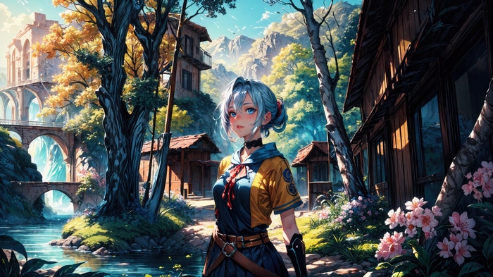 Anime girl in a village with a river and mountains