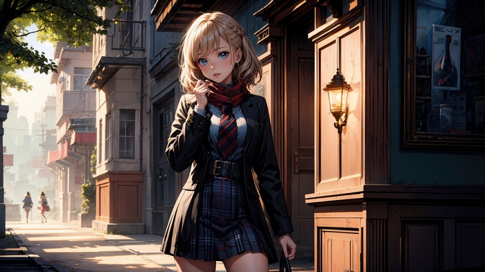 Anime girl in school uniform on a street