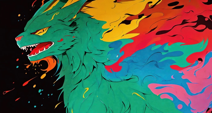 Green dragon with colorful flames
