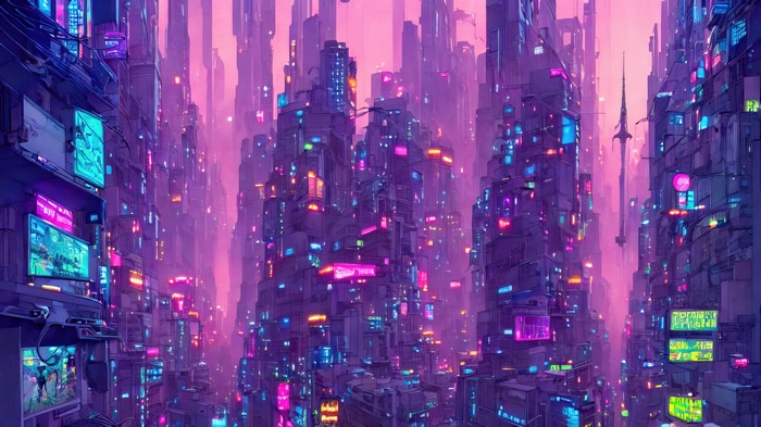 Cyberpunk city with neon lights and tall buildings