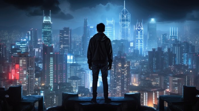 Man standing on rooftop overlooking futuristic city 4K