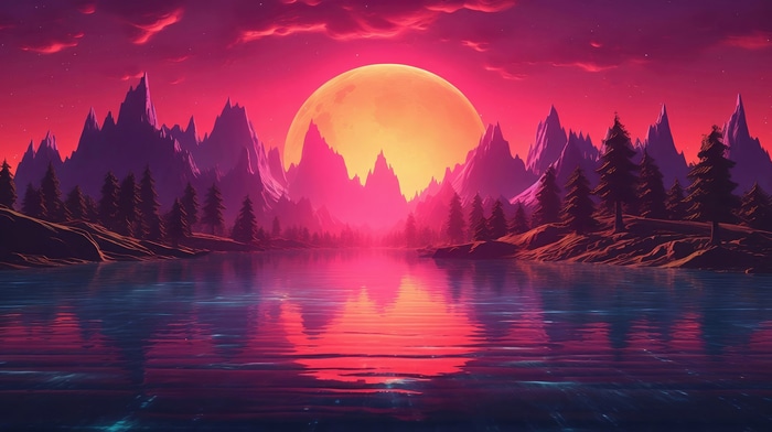 Synthwave Artwork of a Mountain Lake at Sunset