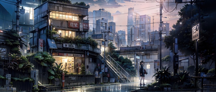 Anime girl in a rainy city street at dusk