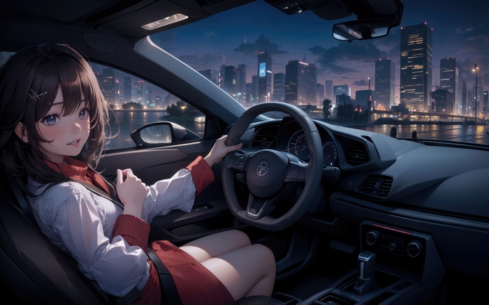 Anime girl driving a car at night with city skyline