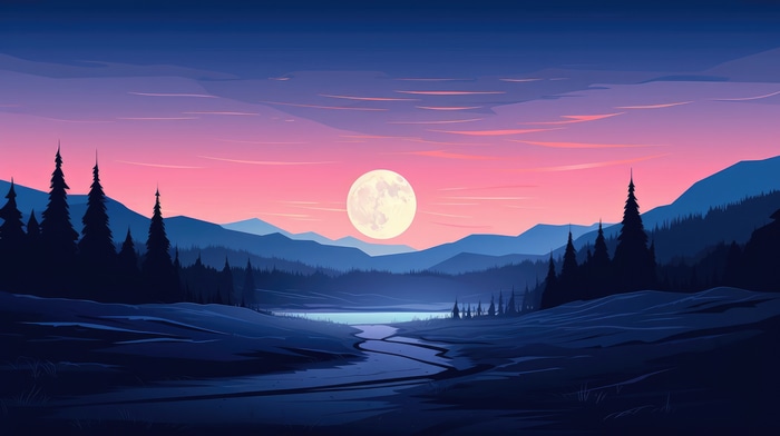 Minimalist landscape with moon and mountains at dusk