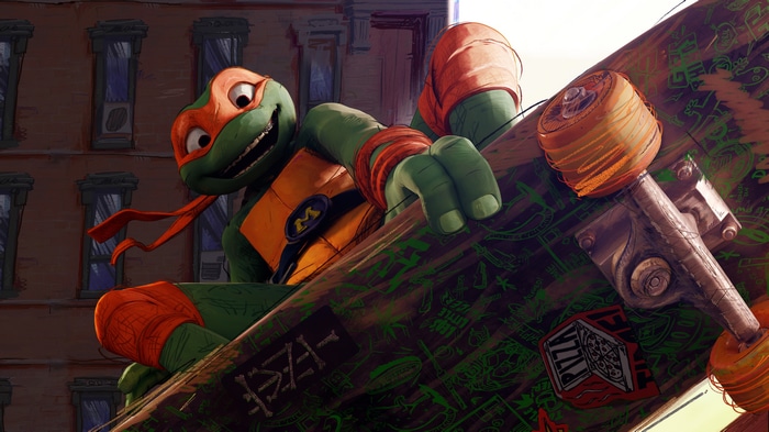 Michelangelo from Teenage Mutant Ninja Turtles on a skateboard