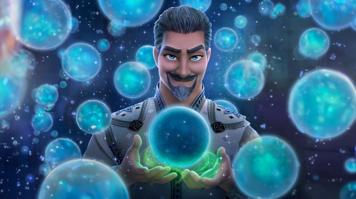 Animated movie character with magical orbs