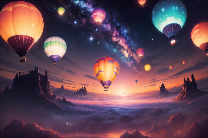 Hot air balloons over castles in the galaxy