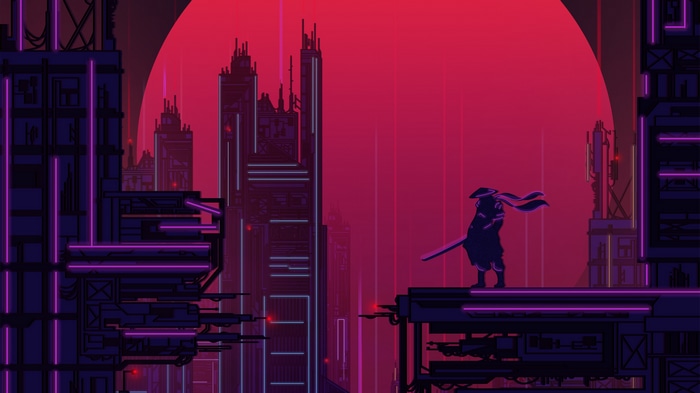 Samurai in a futuristic city at sunset