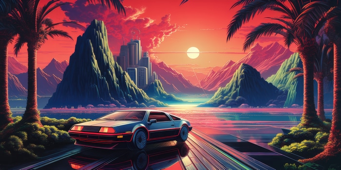 Retro DeLorean car in a neon cityscape at sunset