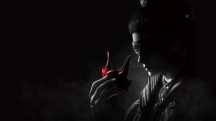 Naraka: Bladepoint character holding a red mask