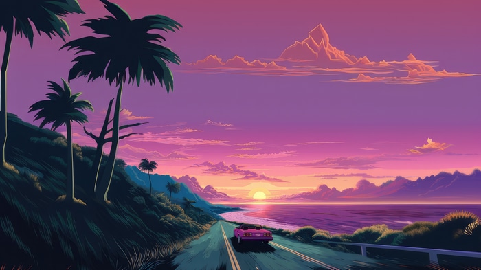Retro vaporwave artwork of a car driving by the ocean at sunset