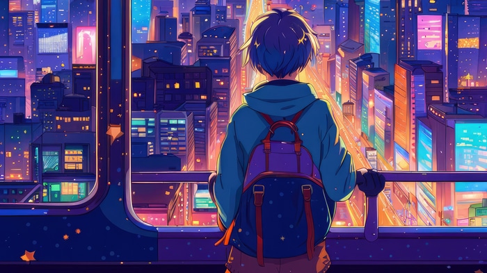 Anime artwork of a person looking at a city at night