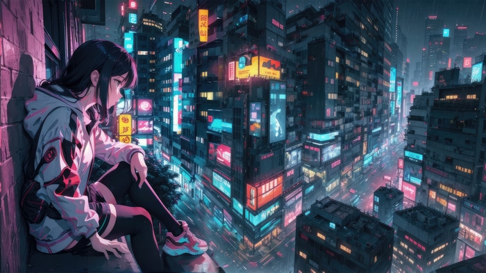 Anime girl sitting on a ledge overlooking a neon city