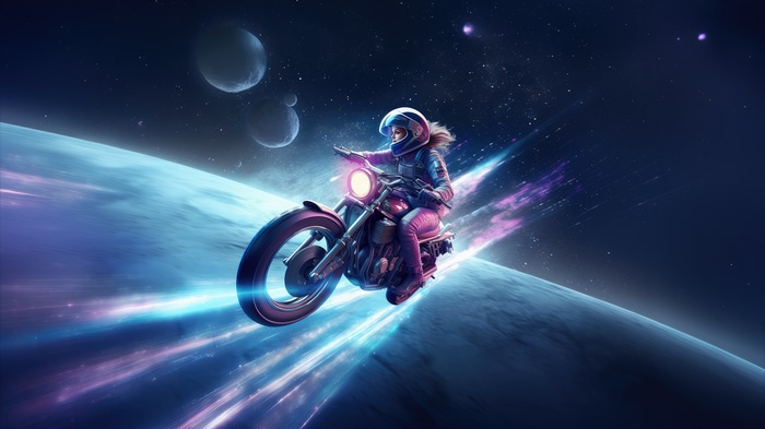 Biker riding a motorcycle through space with planets