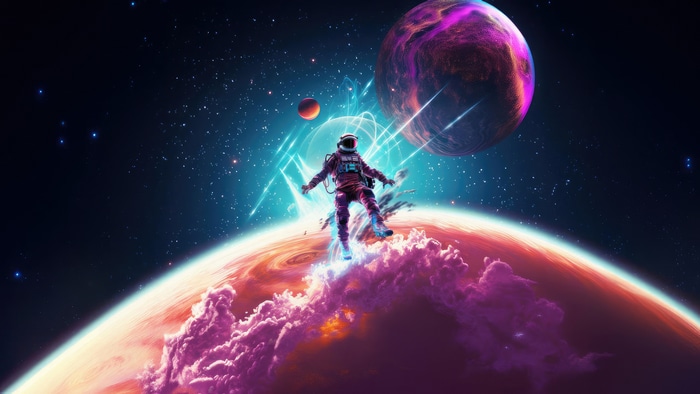 Astronaut on a planet with colorful nebulae and planets