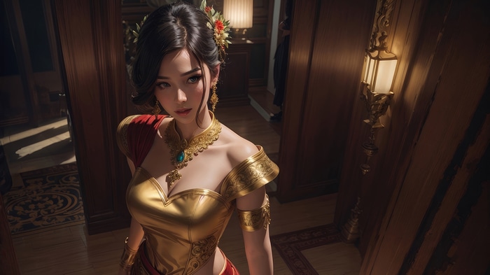 Fantasy girl in ornate gold and red attire