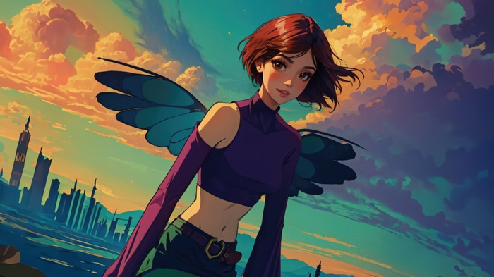 Anime girl with wings in front of a city skyline