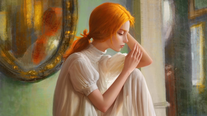 Dreamy artwork of a girl with orange hair