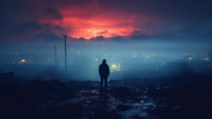 Man standing alone in front of a foggy city at sunset 4K
