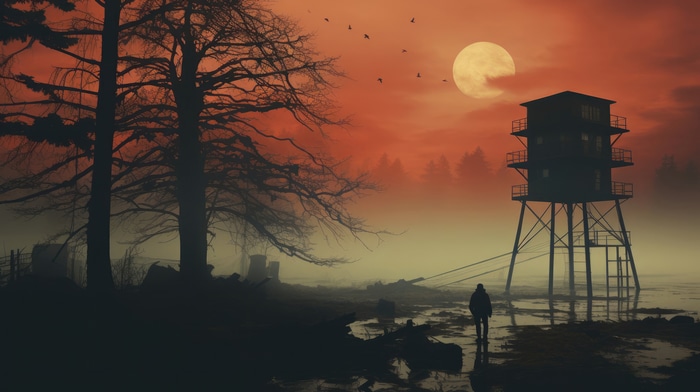 Digital art of a lone figure near a tower at sunset