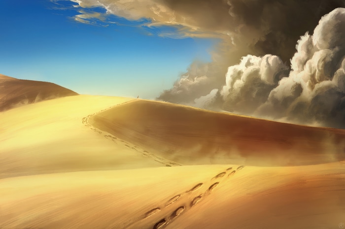 Digital artwork of a desert landscape with a storm approaching