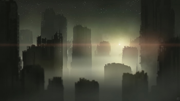 Ruined city skyline at night with stars