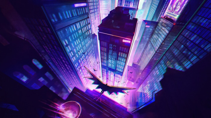 Batman flying over a neon city at night