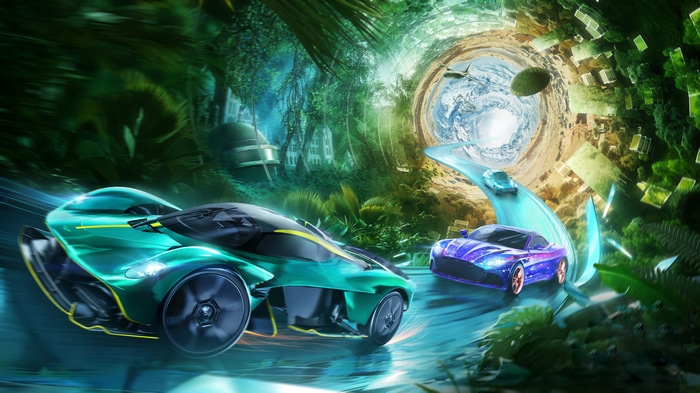Aston Martin Cars Racing Through a Futuristic Portal