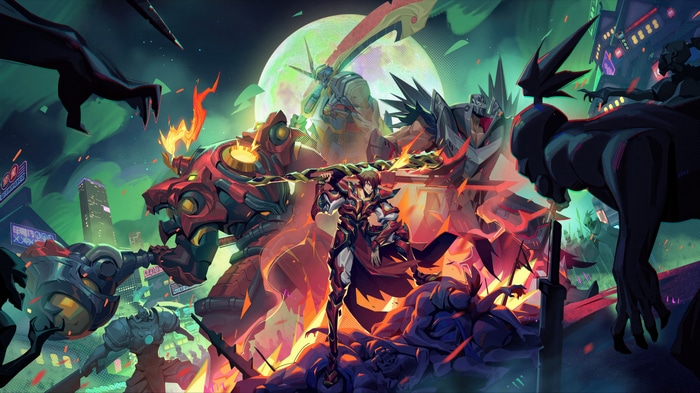 Artwork of characters in a battle