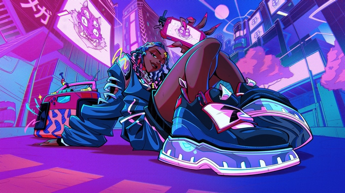 Fortnite character with boombox in neon city