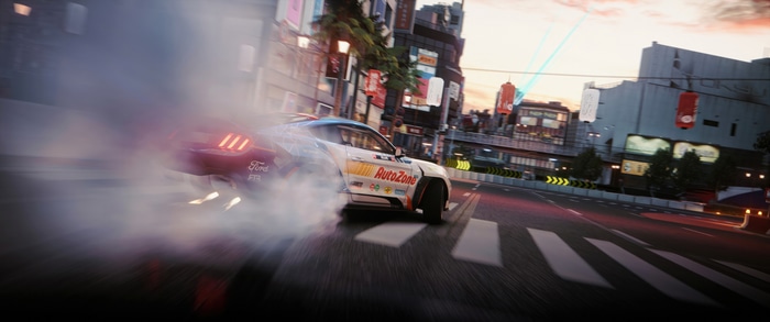 Ford Mustang drifting in Grid Legends