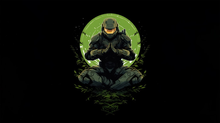Master Chief meditating in front of a green circle