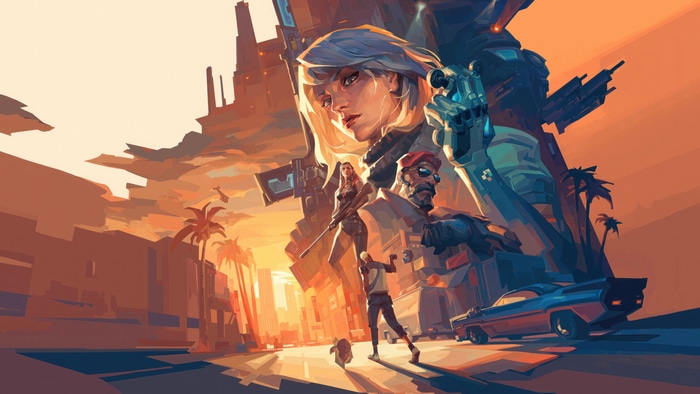 Valorant characters in a city at sunset