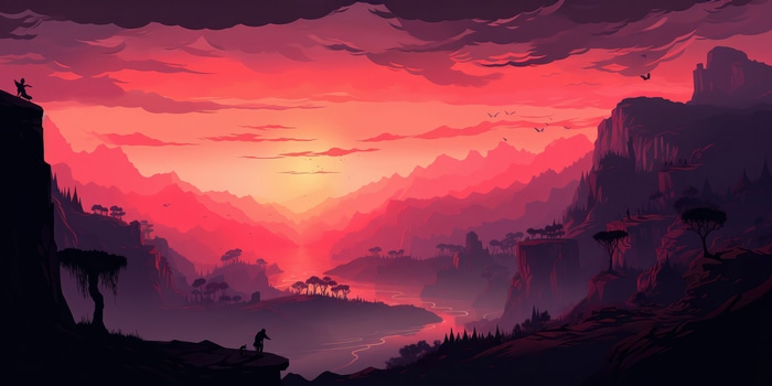 Digital Art Landscape with Mountains and Sunset