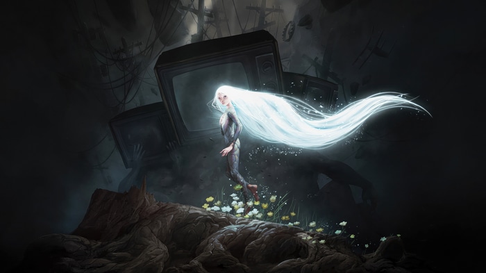 Girl with glowing hair and old TVs