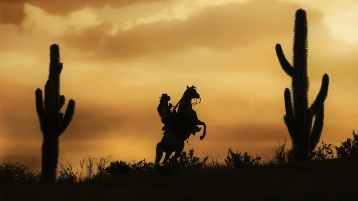 Red Dead Redemption 2 cowboy on a horse at sunset