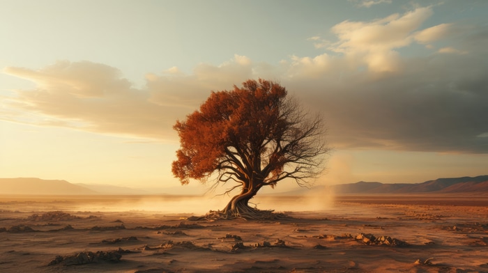 Digital artwork of a lone tree in a desert landscape