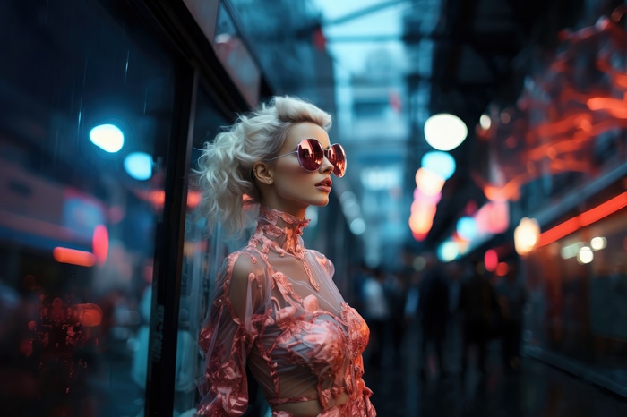 AI girl in pink dress at night