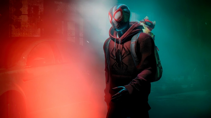 Spider-Man Miles Morales with a cat backpack