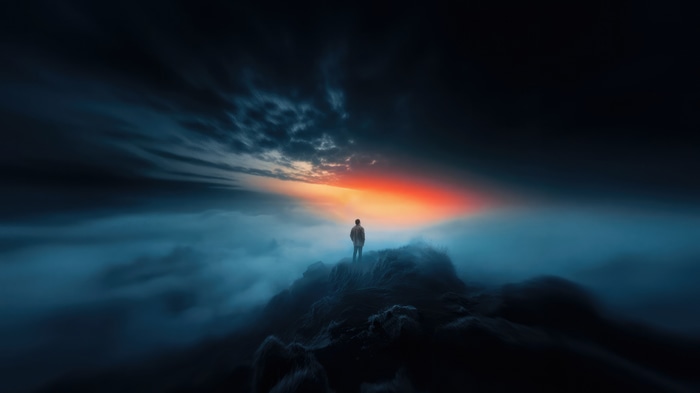 Man standing on a mountain peak at sunset