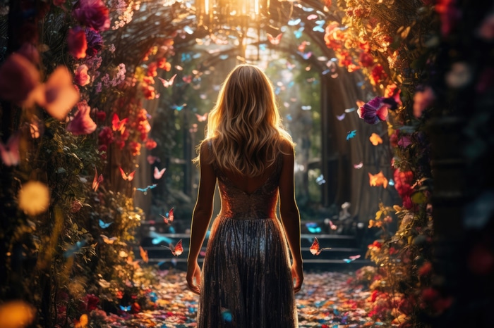Dreamy Fantasy Artwork of a Girl in a Butterfly Garden