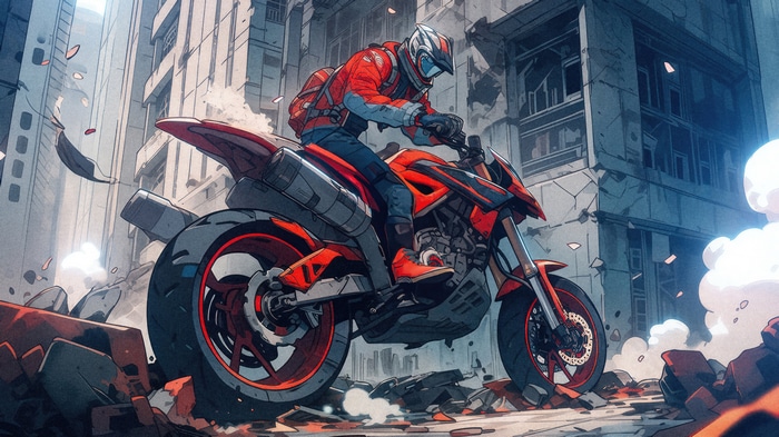 Motorcyclist in a destroyed city
