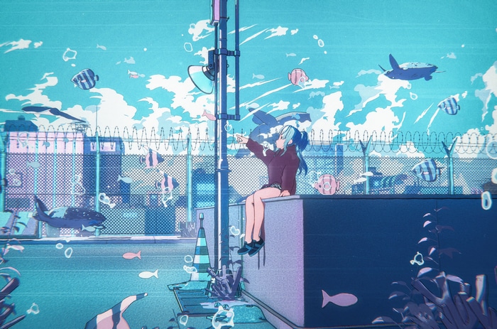 Anime girl sitting by a fence with fish and orcas